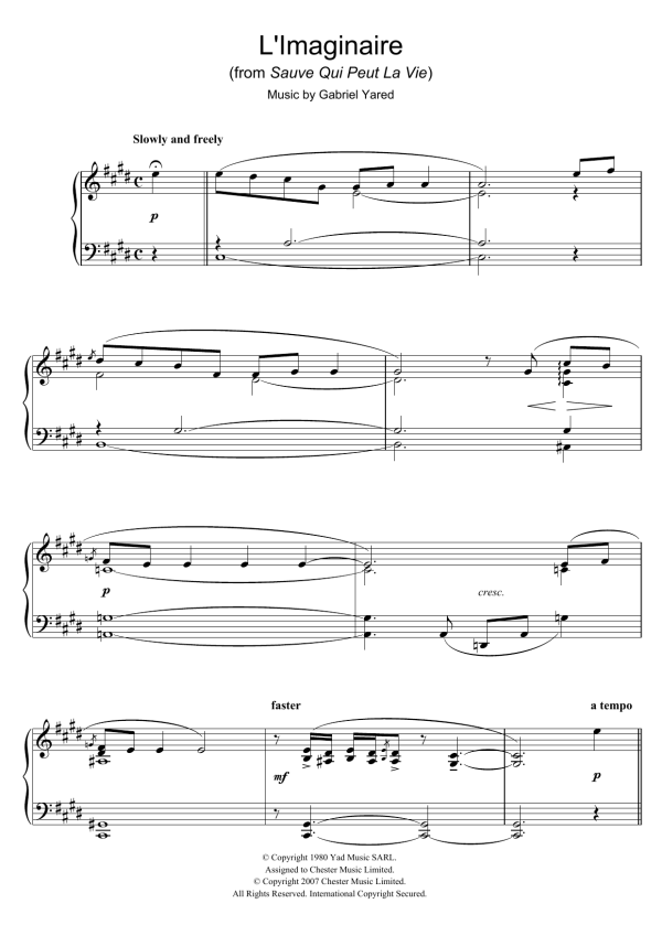 Gabriel Yared L'Imaginaire (from Sauve Qui Peut La Vie) Musik Noten - Piano Solo - 40028-0