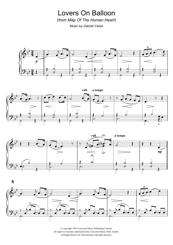Gabriel Yared Lovers On Balloon (from Map Of The Human Heart) Musik Noten - Piano Solo - 40024-0