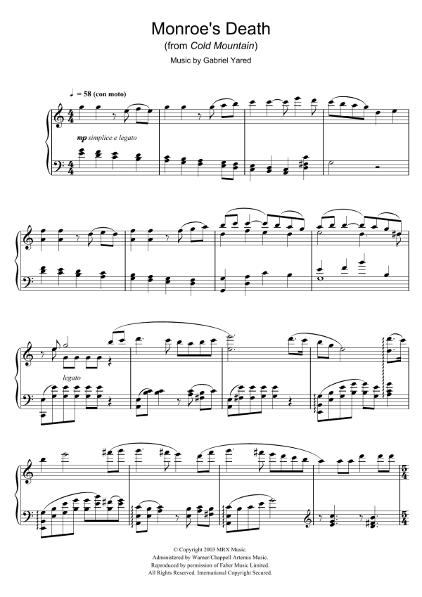 Gabriel Yared Monroe's Death (from Cold Mountain) Musik Noten - Piano Solo - 40021-0