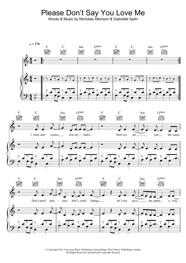 Gabrielle Aplin Please Don't Say You Love Me Musik Noten - Piano, Vocal & Guitar Chords - 115703-0