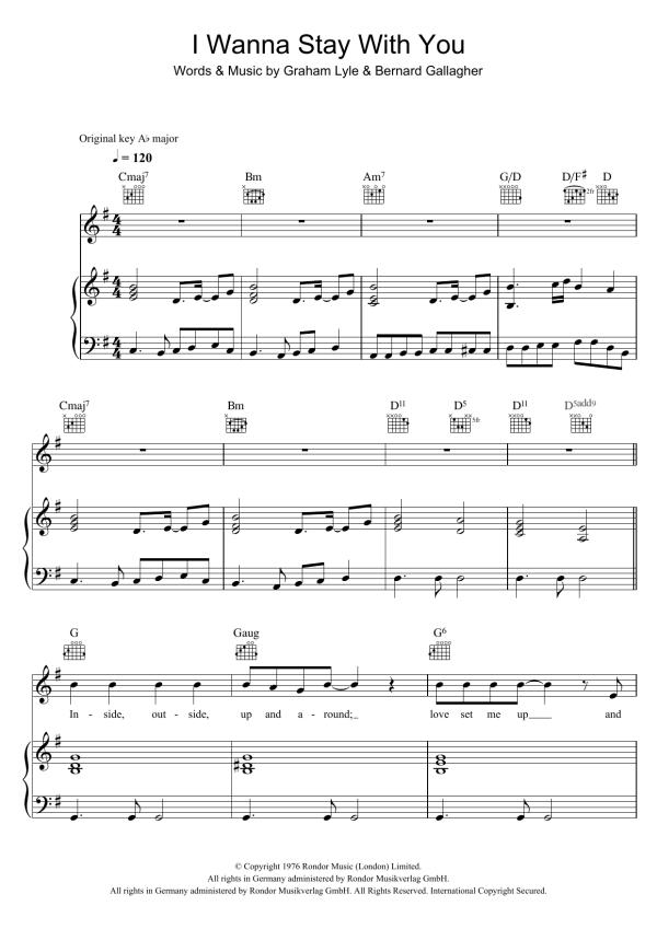 Gallagher & Lyle I Wanna Stay With You Musik Noten - Piano, Vocal & Guitar Chords - 107640-0