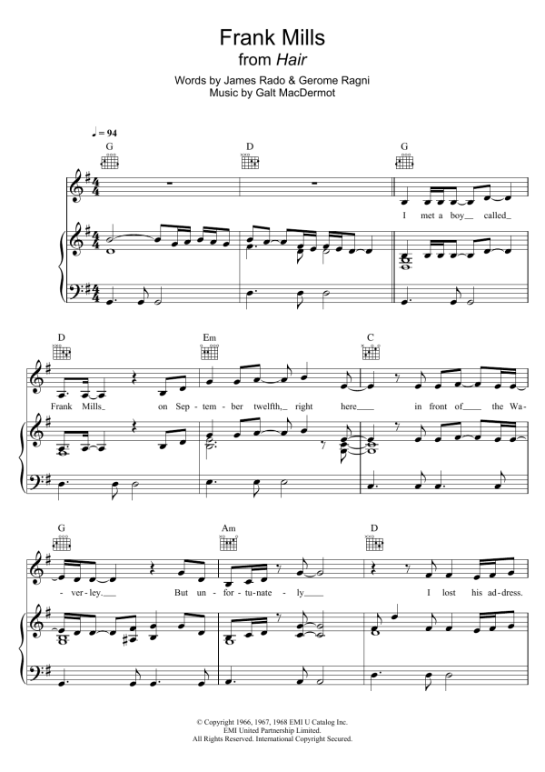 Galt MacDermot Frank Mills (from Hair) Musik Noten - Piano, Vocal & Guitar Chords - 120892-0
