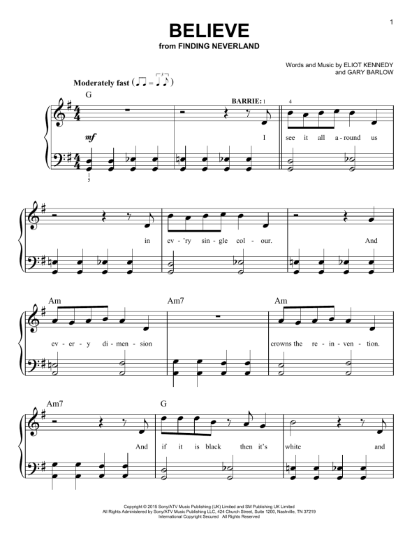 Gary Barlow & Eliot Kennedy Believe Musik Noten - Easy Piano - 175486-0