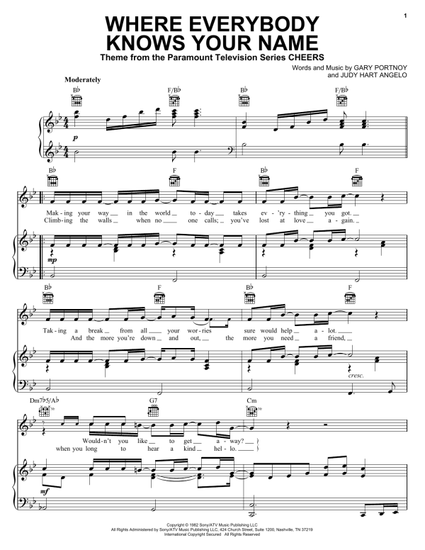 Gary Portnoy Where Everybody Knows Your Name (from Cheers) Musik Noten - Piano, Vocal & Guitar Chords - 28941-0