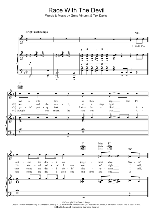 Gene Vincent Race With The Devil Musik Noten - Piano, Vocal & Guitar Chords - 123111-0