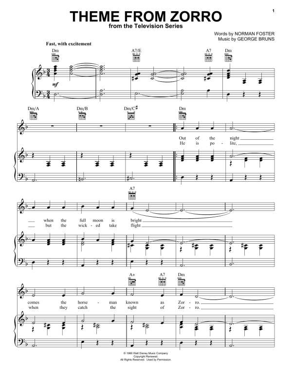 George Bruns Theme From Zorro Musik Noten - Piano, Vocal & Guitar Chords - 57131-0