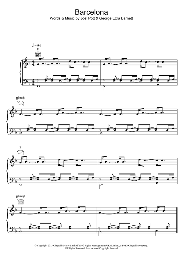 George Ezra Barcelona Musik Noten - Piano, Vocal & Guitar Chords - 119438-0