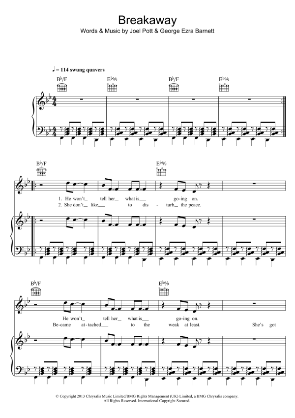 George Ezra Breakaway Musik Noten - Piano, Vocal & Guitar Chords - 119437-0