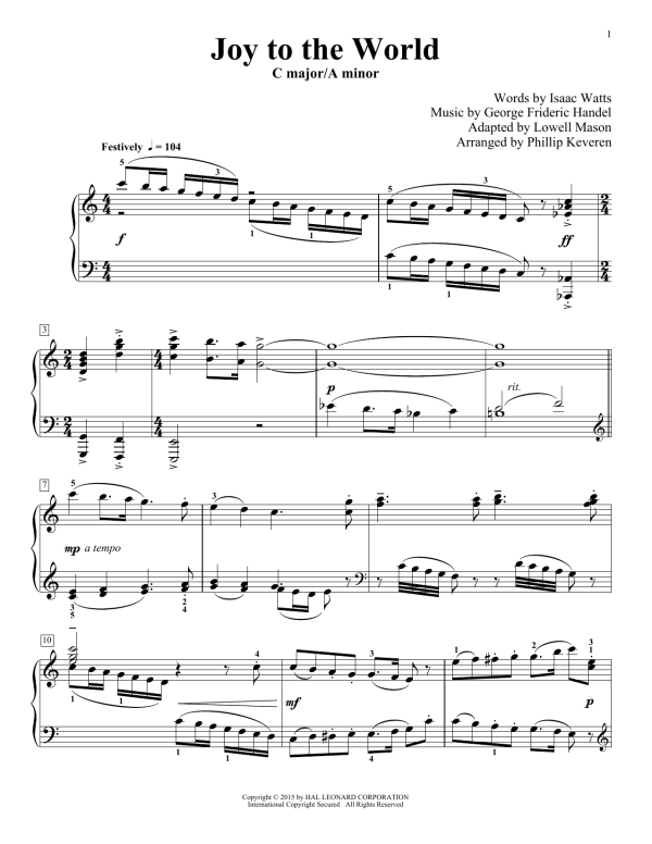George Frideric Handel Joy To The World (arr. Phillip Keveren) Musik Noten - Piano Solo - 158892-0