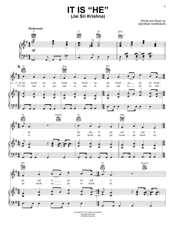 George Harrison It Is "He" (Jai Sri Krishna) Musik Noten - Piano, Vocal & Guitar Chords - 159362-0