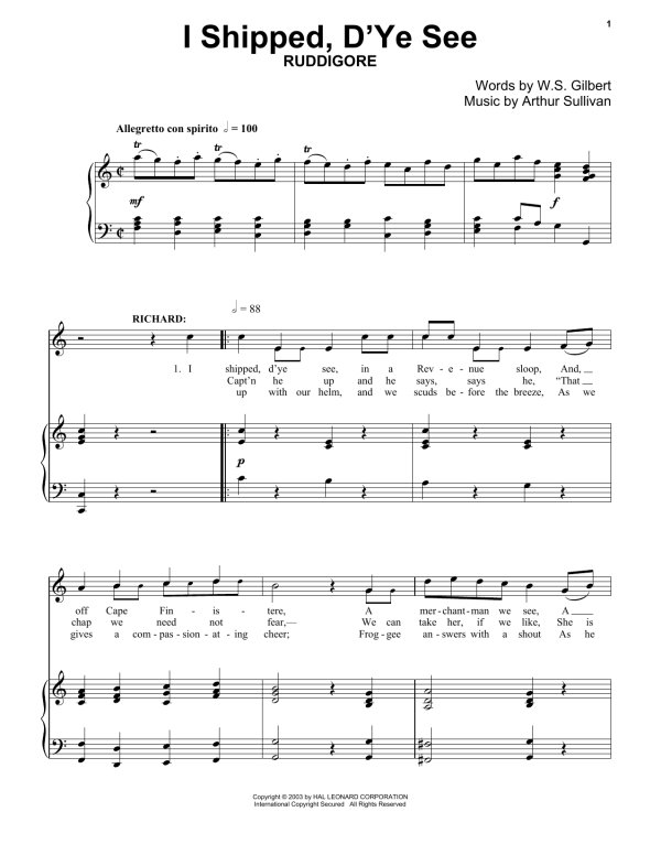 Gilbert & Sullivan I Shipped, D'ye See Musik Noten - Piano & Vocal - 174407-0