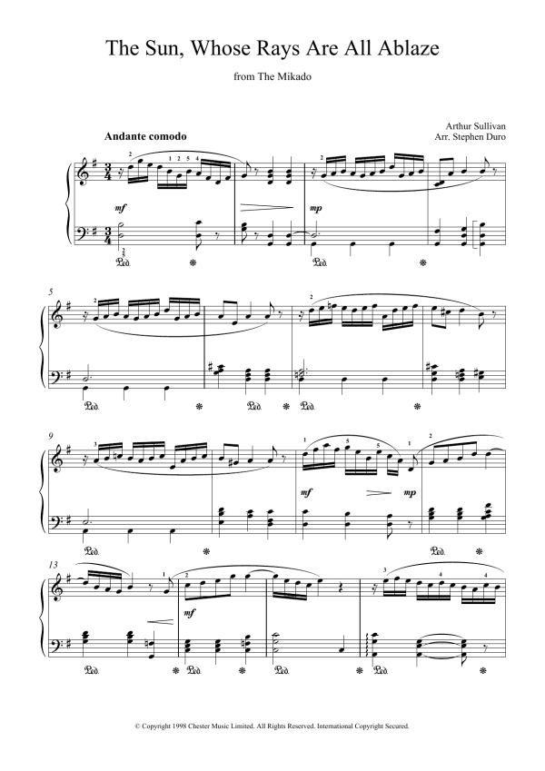 Gilbert & Sullivan The Sun Whose Rays Are All Ablaze (from The Mikado) Musik Noten - Piano Solo - 18814-0