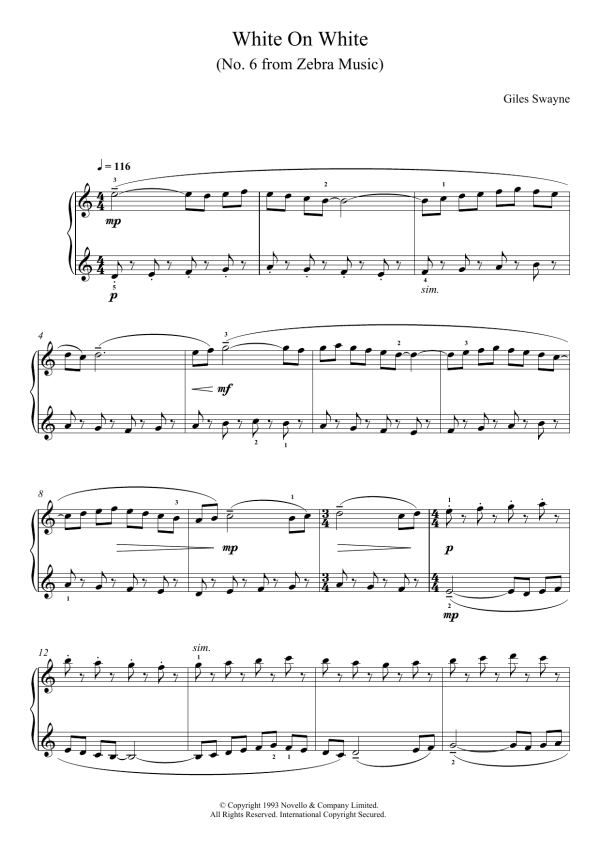 Giles Swayne White On White (No. 6 from Zebra Music) Musik Noten - Piano Solo - 123858-0