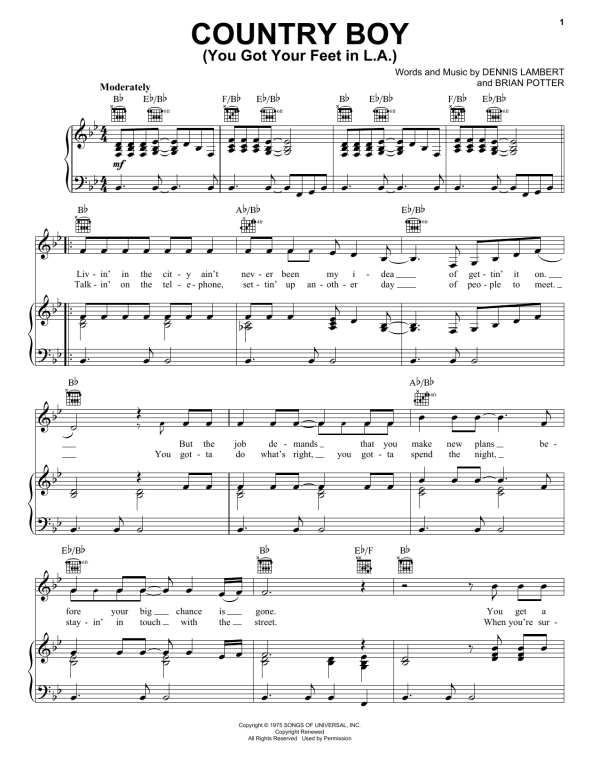 Glen Campbell Country Boy (You Got Your Feet In L.A.) Musik Noten - Piano, Vocal & Guitar Chords - 172841-0