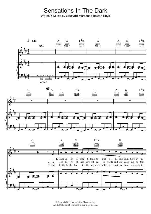 Gruff Rhys Sensations In The Dark Musik Noten - Piano, Vocal & Guitar Chords - 107671-0