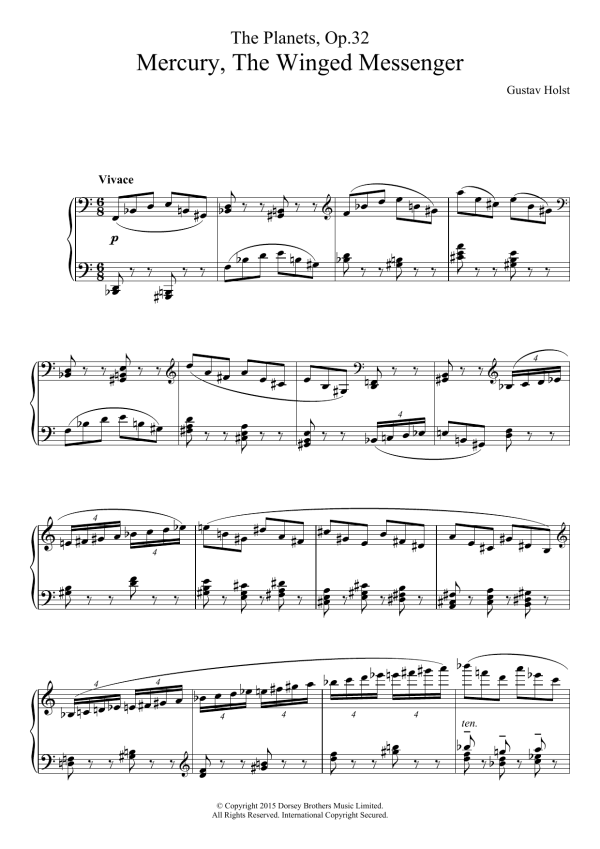 Gustav Holst The Planets, Op. 32 - Mercury, The Winged Messenger Musik Noten - Piano Solo - 121434-0