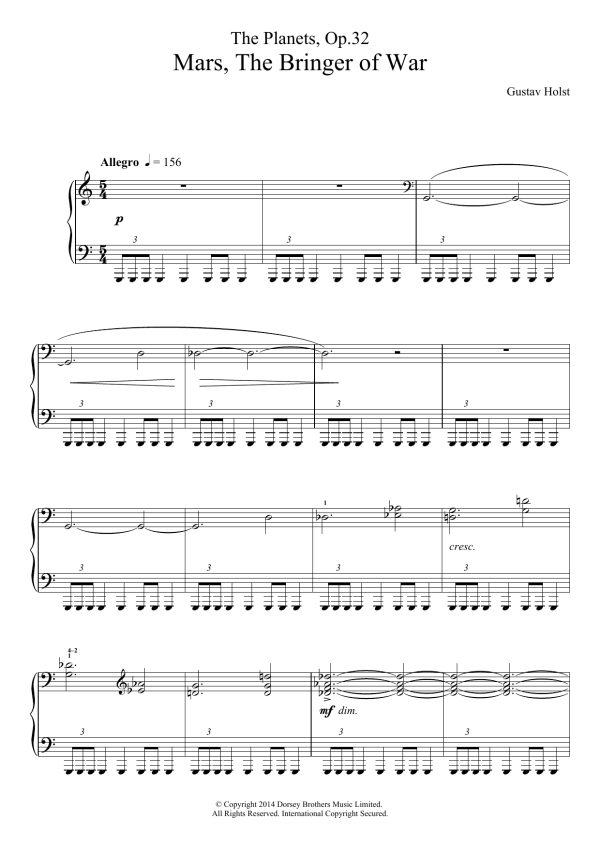Gustav Holst The Planets, Op. 32: Mars, the Bringer of War Musik Noten - Piano Solo - 119928-0