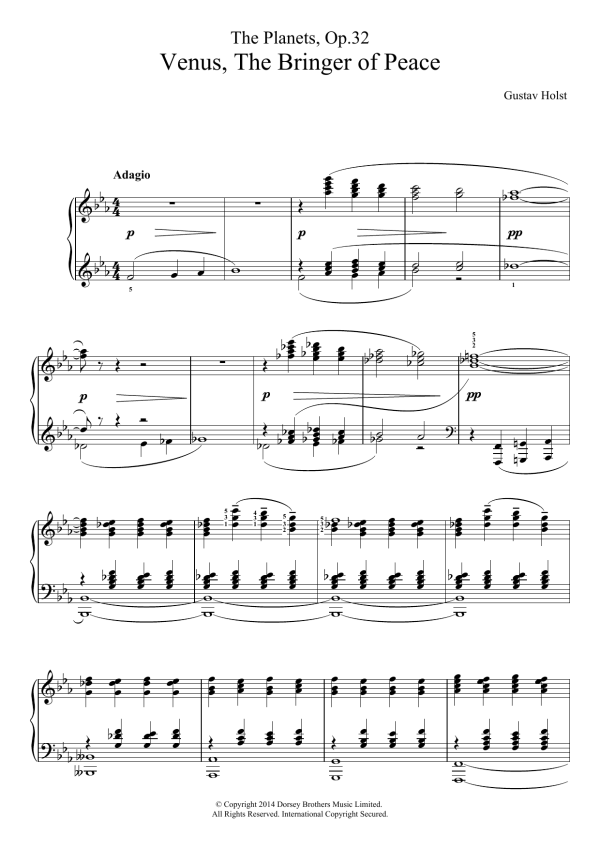 Gustav Holst The Planets, Op. 32: Venus, the Bringer of Peace Musik Noten - Piano Solo - 119927-0