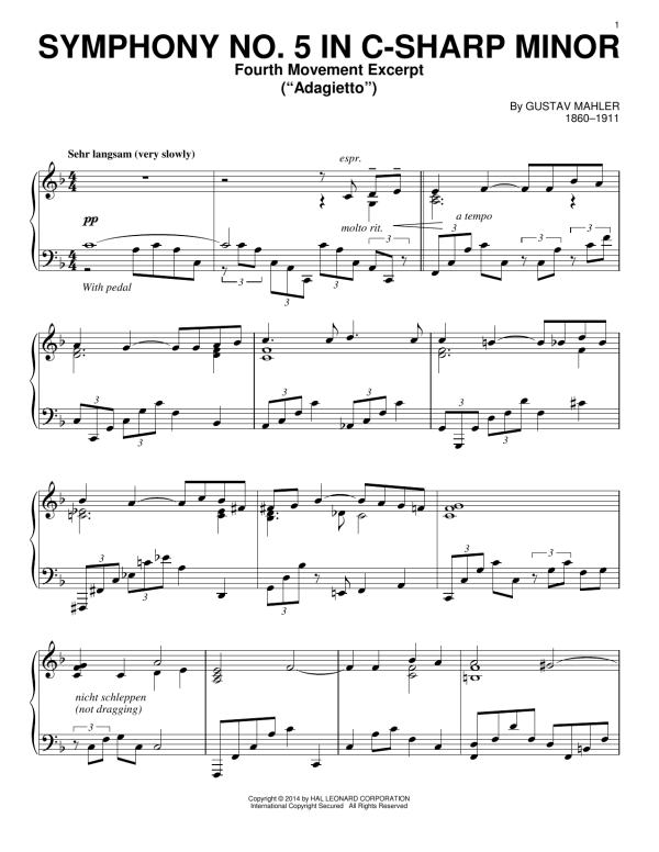Gustav Mahler Symphony No. 5 In C-sharp Minor ("Adagietto"), Fourth Movement Excerpt Musik Noten - Piano Solo - 155081-0