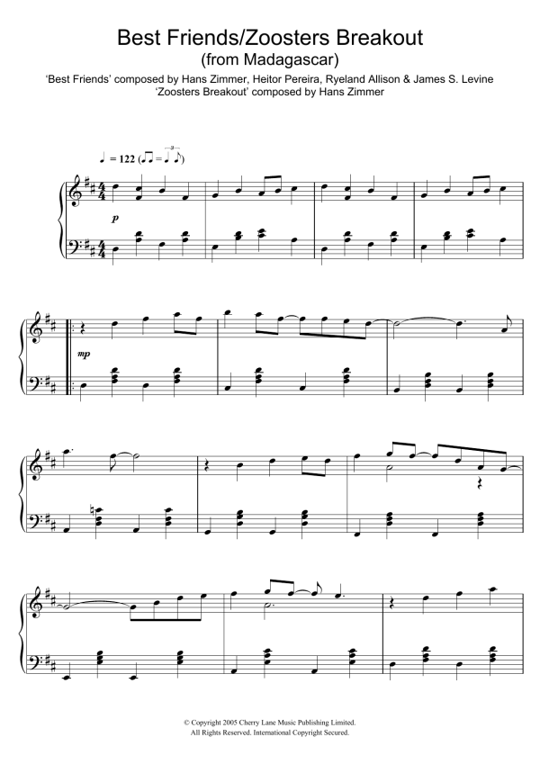Hans Zimmer Madagascar (Best Friends/Zoosters Breakout) Musik Noten - Piano Solo - 107125-0