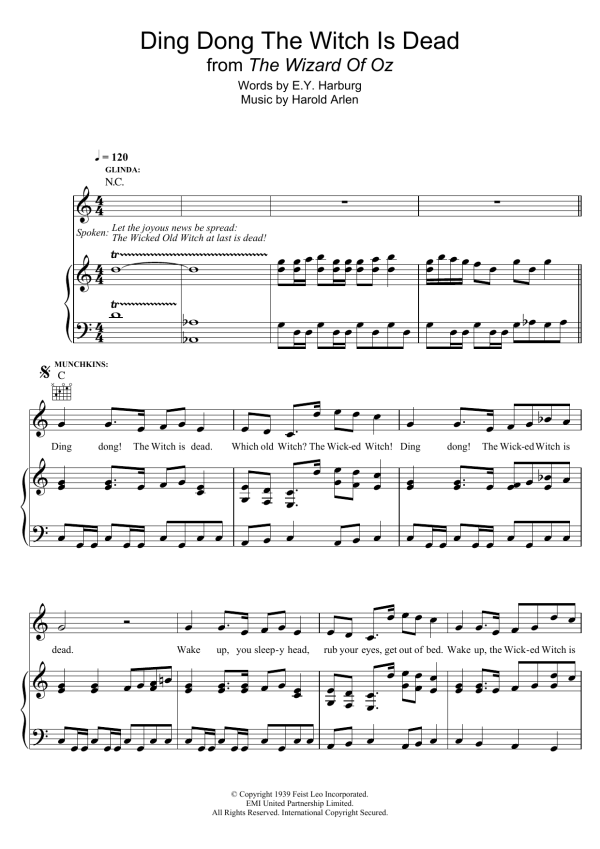 Harold Arlen Ding-Dong! The Witch Is Dead (from 'The Wizard Of Oz') Musik Noten - Piano, Vocal & Guitar Chords - 120821-0