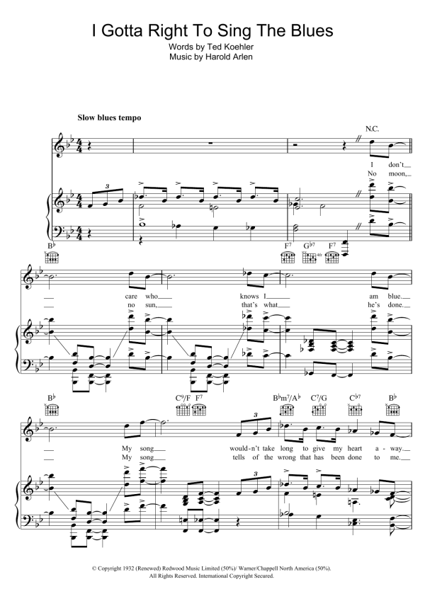 Harold Arlen I Gotta Right To Sing The Blues Musik Noten - Piano, Vocal & Guitar Chords - 46911-0