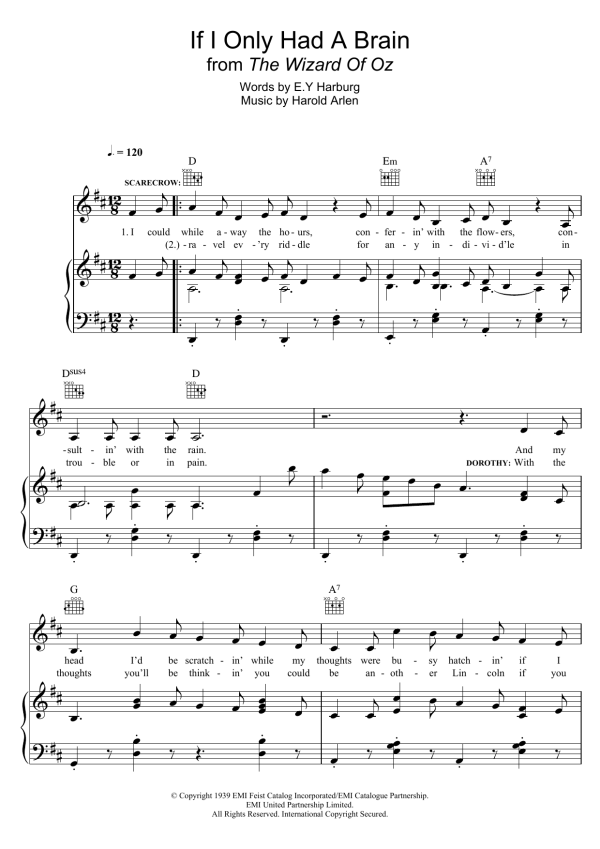Harold Arlen If I Only Had A Brain (from 'The Wizard Of Oz') Musik Noten - Piano, Vocal & Guitar Chords - 120822-0