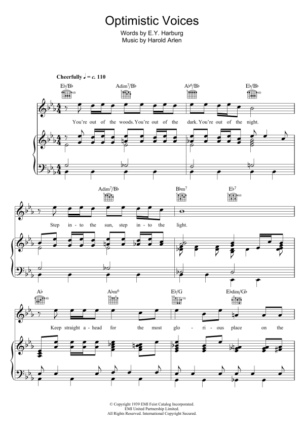 Harold Arlen Optimistic Voices Musik Noten - Piano, Vocal & Guitar Chords - 120804-0
