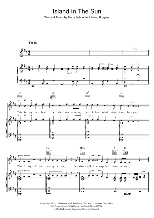 Harry Belafonte Island In The Sun Musik Noten - Piano, Vocal & Guitar Chords - 41401-0