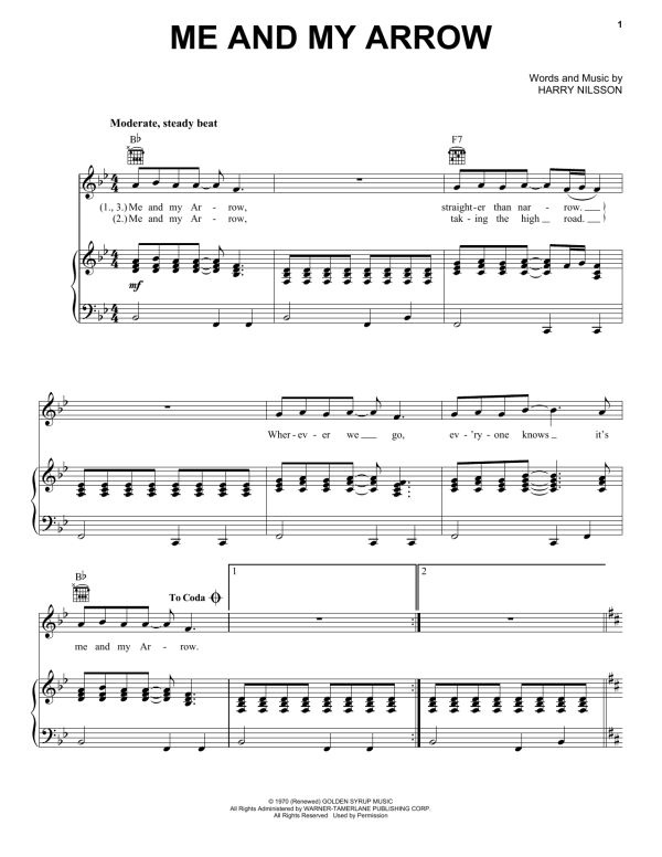 Harry Nilsson Me And My Arrow Musik Noten - Piano, Vocal & Guitar Chords - 160221-0