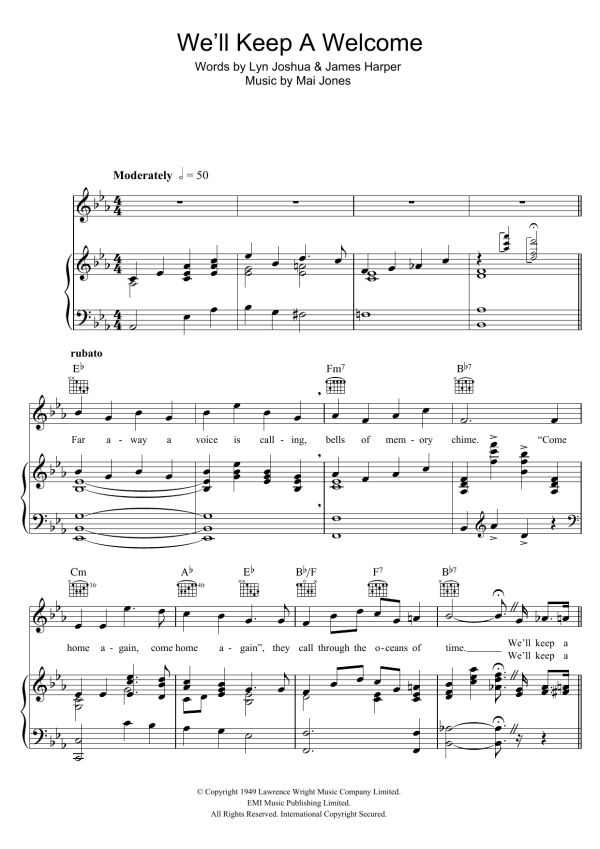 Harry Secombe We'll Keep A Welcome Musik Noten - Piano, Vocal & Guitar Chords - 47798-0