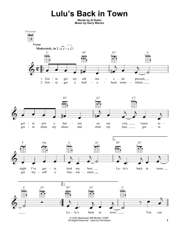 Harry Warren Lulu's Back In Town Musik Noten - Ukulele - 160324-0