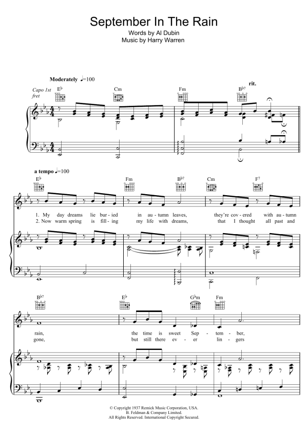 Harry Warren September In The Rain Musik Noten - Piano, Vocal & Guitar Chords - 106305-0