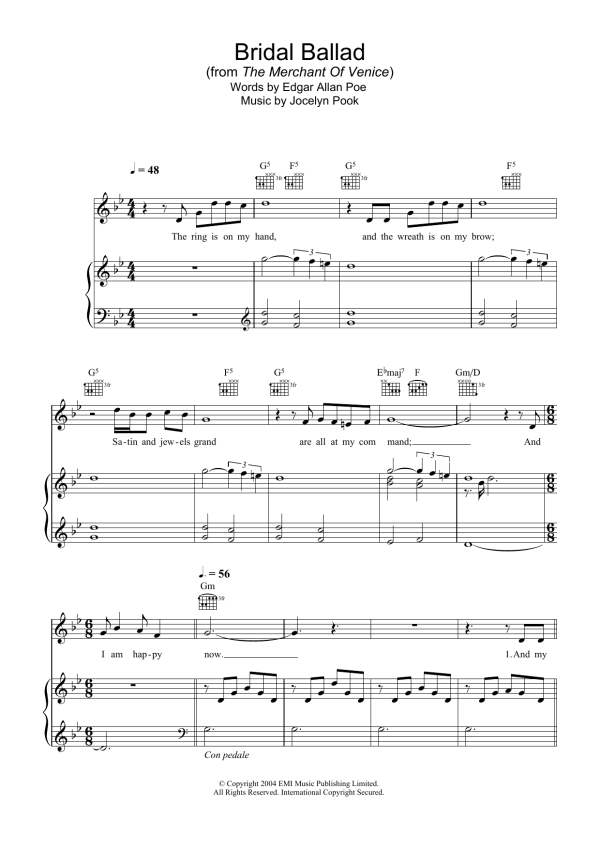 Hayley Westenra Bridal Ballad (from The Merchant Of Venice) Musik Noten - Piano, Vocal & Guitar Chords - 34098-0