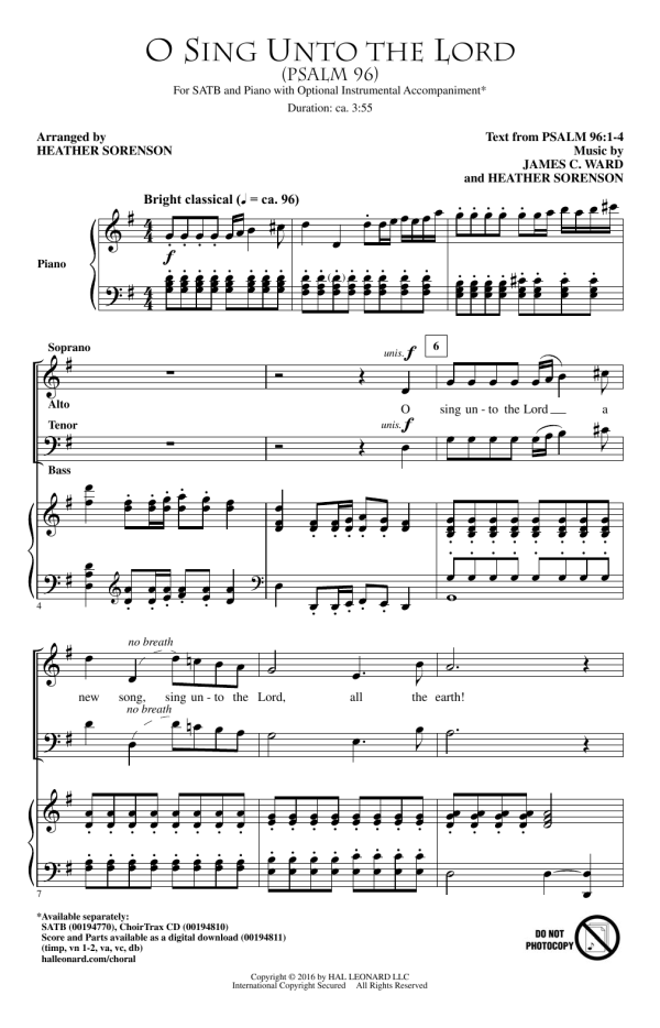 Heather Sorenson O Sing Unto The Lord (Psalm 96) Musik Noten - SATB Choir - 175238-0