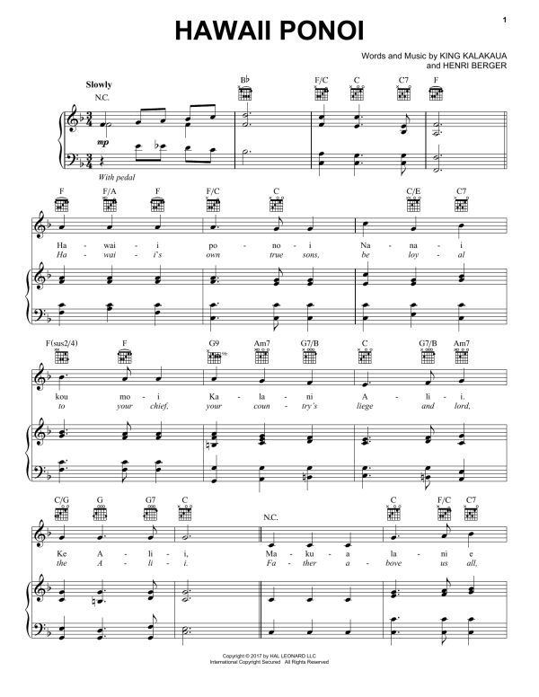 Henri Berger Hawaii Ponoi Musik Noten - Piano, Vocal & Guitar Chords - 177851-0