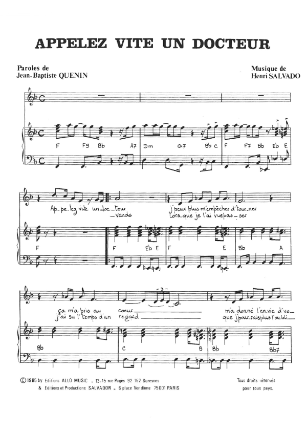 Henri Salvador Appelez Vite Un Docteur Musik Noten - Piano & Vocal - 114943-0