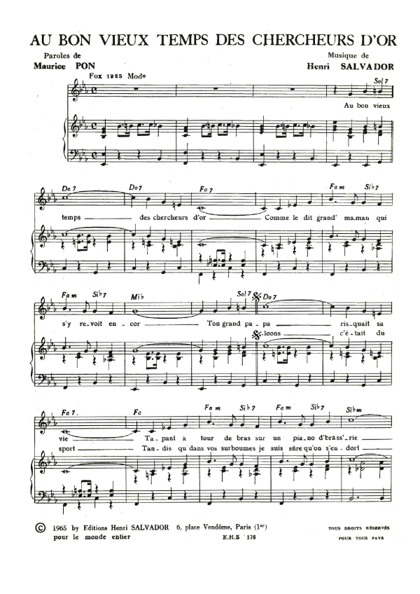 Henri Salvador Au Bon Vieux Temps Des Chercheurs D'or Musik Noten - Piano & Vocal - 114946-0