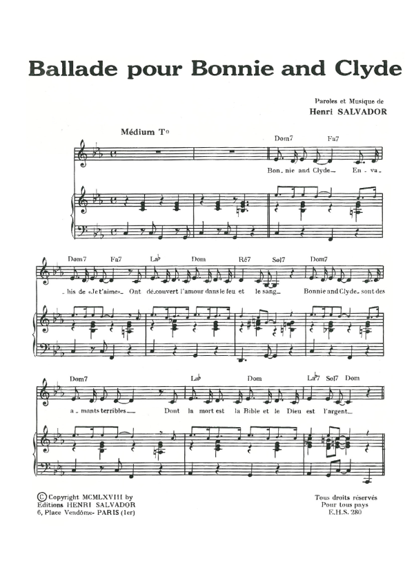 Henri Salvador Ballade Pour Bonnie And Clyde Musik Noten - Piano & Vocal - 114958-0