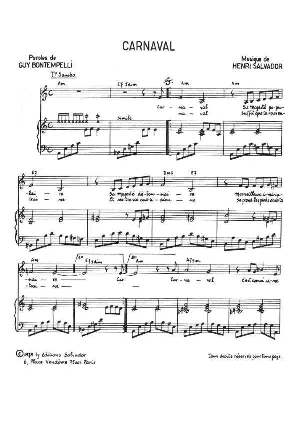 Henri Salvador Carnaval Musik Noten - Piano & Vocal - 114918-0