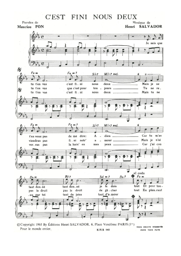 Henri Salvador C'est Fini (Pour) Nous Deux Musik Noten - Piano & Vocal - 114924-0