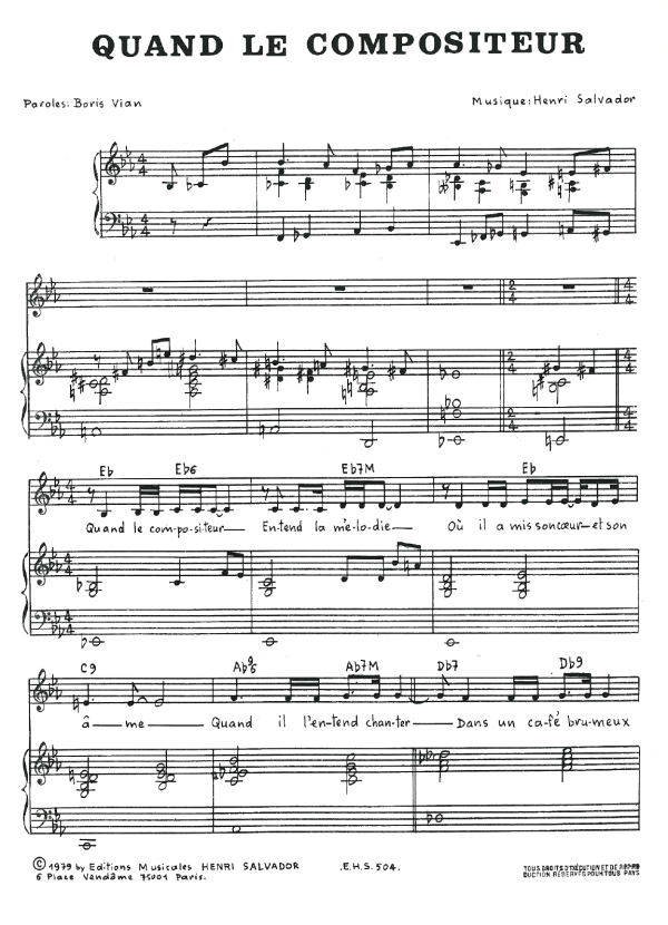 Henri Salvador Quand Le Compositeur Musik Noten - Piano, Vocal & Guitar Chords - 114808-0