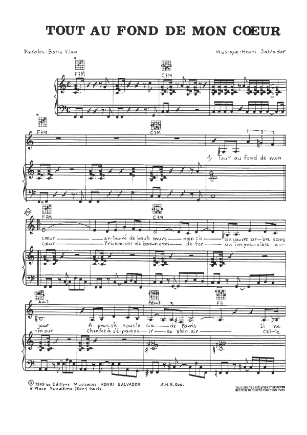 Henri Salvador Tout Au Fond De Mon Coeur Musik Noten - Piano, Vocal & Guitar Chords - 114809-0