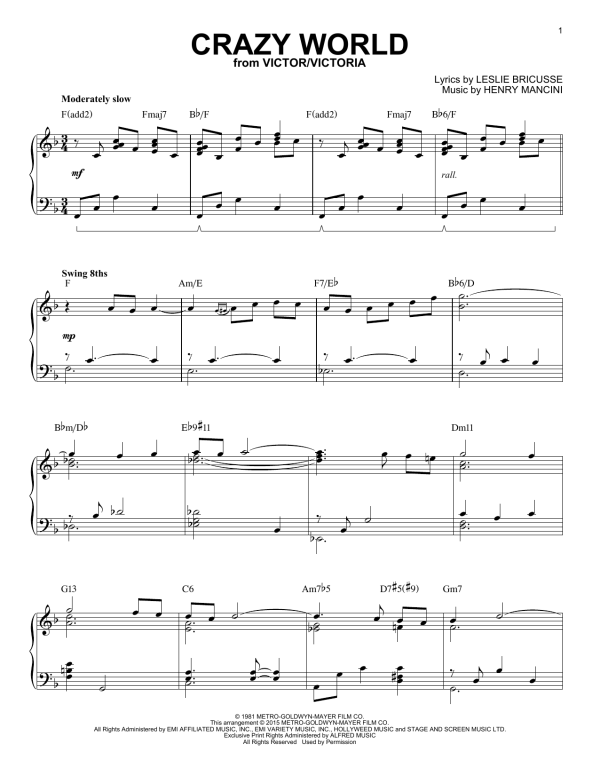 Henry Mancini Crazy World [Jazz version] (arr. Brent Edstrom) Musik Noten - Piano Solo - 162706-0