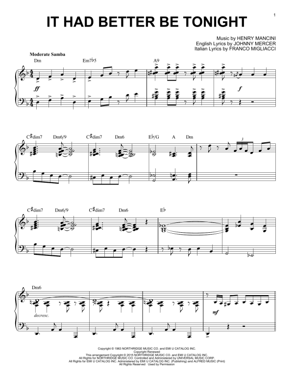 Henry Mancini It Had Better Be Tonight [Jazz version] (arr. Brent Edstrom) Musik Noten - Piano Solo - 162739-0