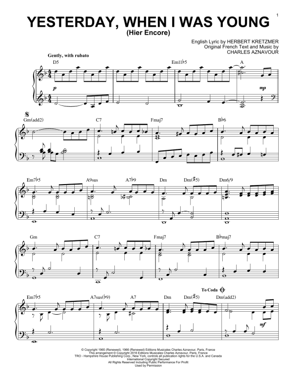 Herbert Kretzmer Yesterday, When I Was Young (Hier Encore) [Jazz version] (arr. Brent Edstrom) Musik Noten - Piano Solo - 171865-0