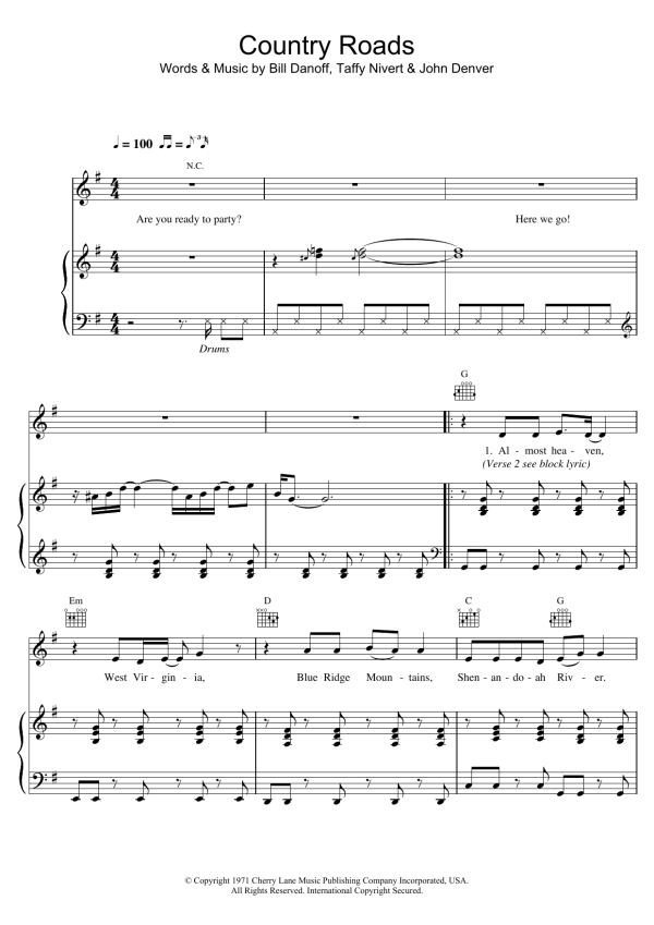 Hermes House Band Country Road Musik Noten - Piano, Vocal & Guitar Chords - 19272-0
