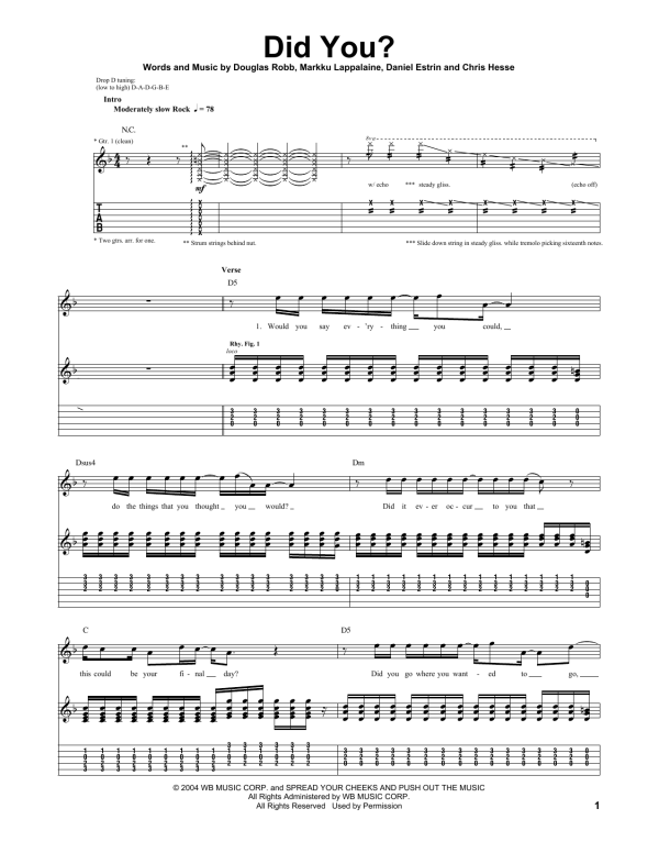 Hoobastank Did You? Musik Noten - Guitar Tab - 91458-0