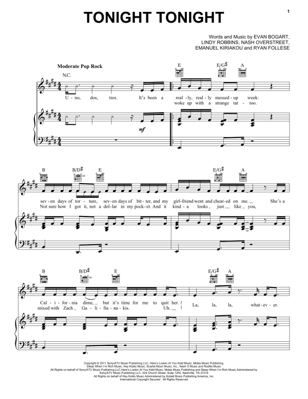 Hot Chelle Rae Tonight Tonight Musik Noten - Piano, Vocal & Guitar Chords - 84747-0