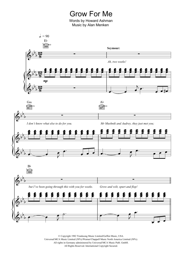Howard Ashman Grow For Me (from Little Shop of Horrors) Musik Noten - Piano, Vocal & Guitar Chords - 104275-0